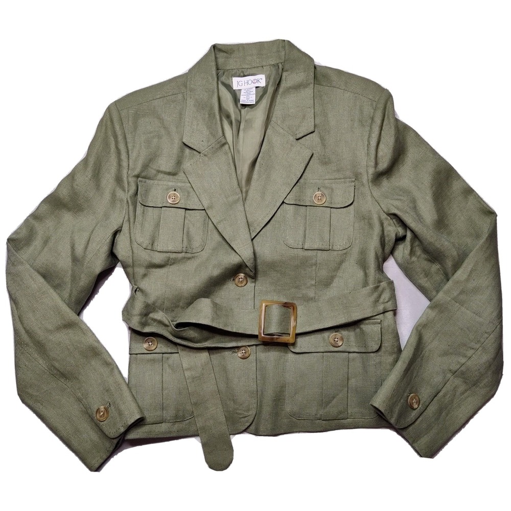 J G HOOK LINEN Green Belted Lined Button Women Petite 14P Military Jacket